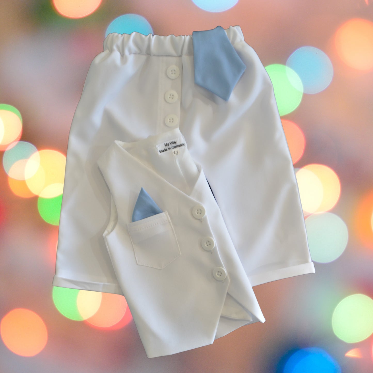 Weiß Kinderanzug für Babys und Kinder. Handgefertigte Kinderanzüge in modischen Designs aus hochwertigen Stoffen. Schneiderei My Way D&A