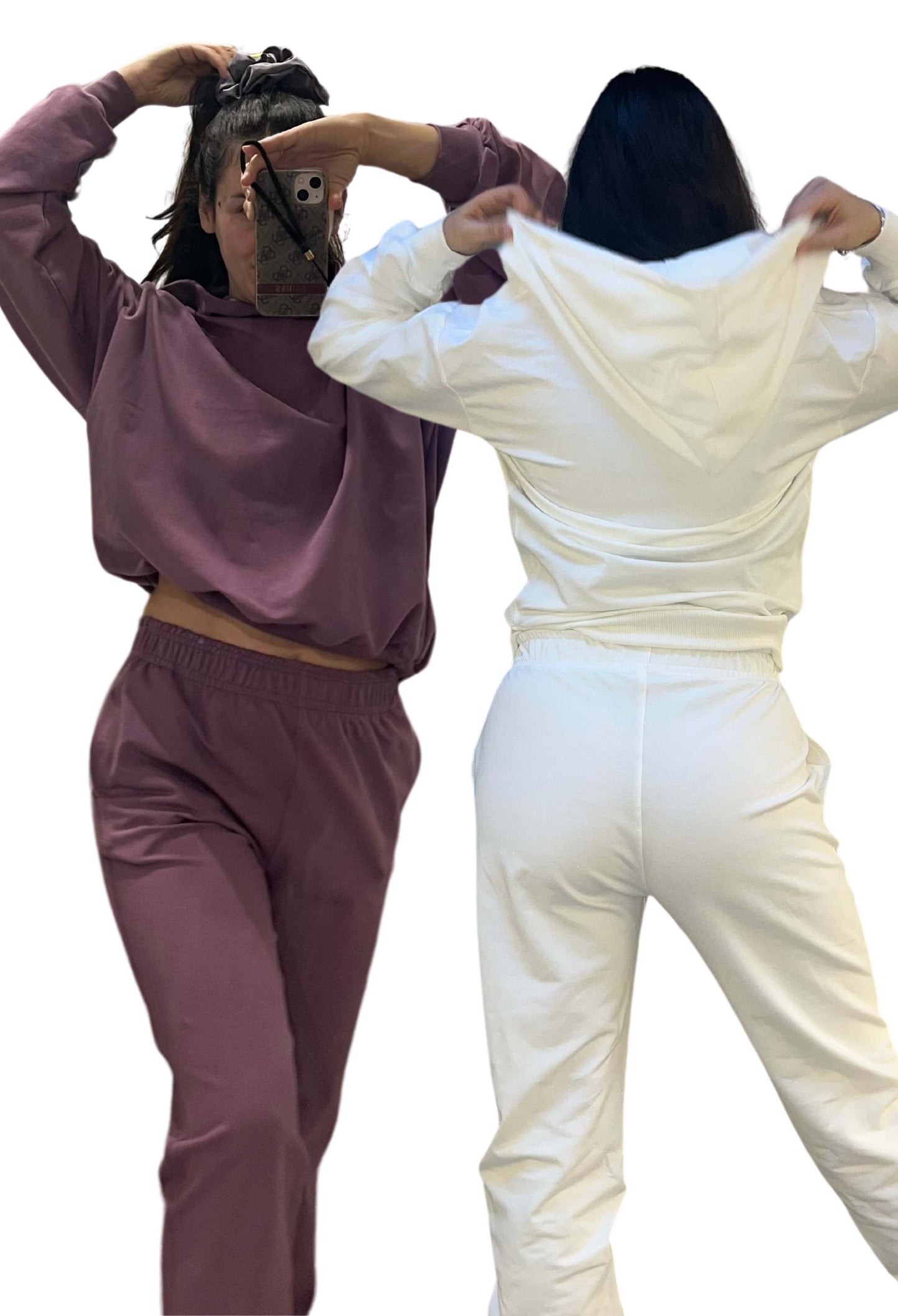 Detailansicht der Seitentaschen, Sweatpants mit elastischem Bund – Handgemacht in Hamburg, Off-White Hoodie mit Kapuze und Kängurutaschen von MY WAY D&A