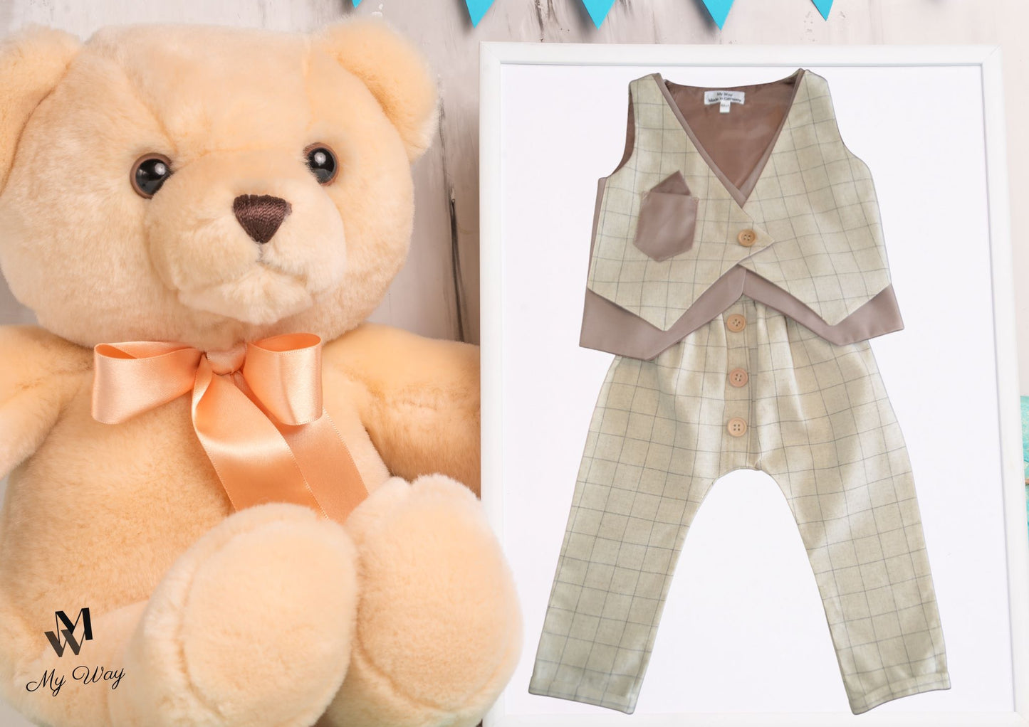 Hochwertige Kinderanzüge von My Way D&A Beige Kinder-Anzüge online kaufen Anzug für Jungen mit Weste- Beige zu günstigen Preisen