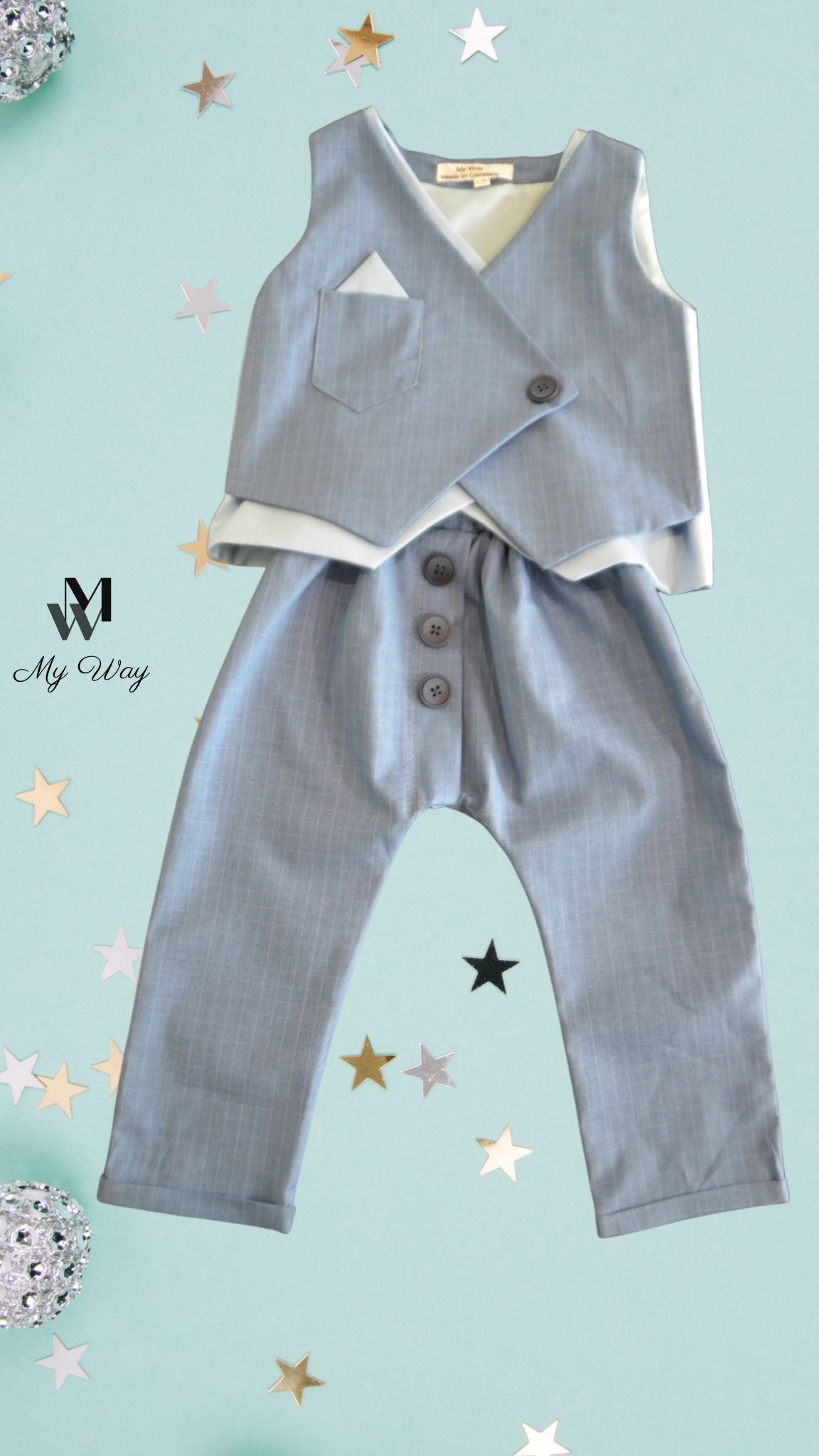 Hochwertige Kinderanzüge von My Way D&A Blau Kinder-Anzüge online kaufen Anzug für Jungen mit Weste- Blau zu günstigen Preisen