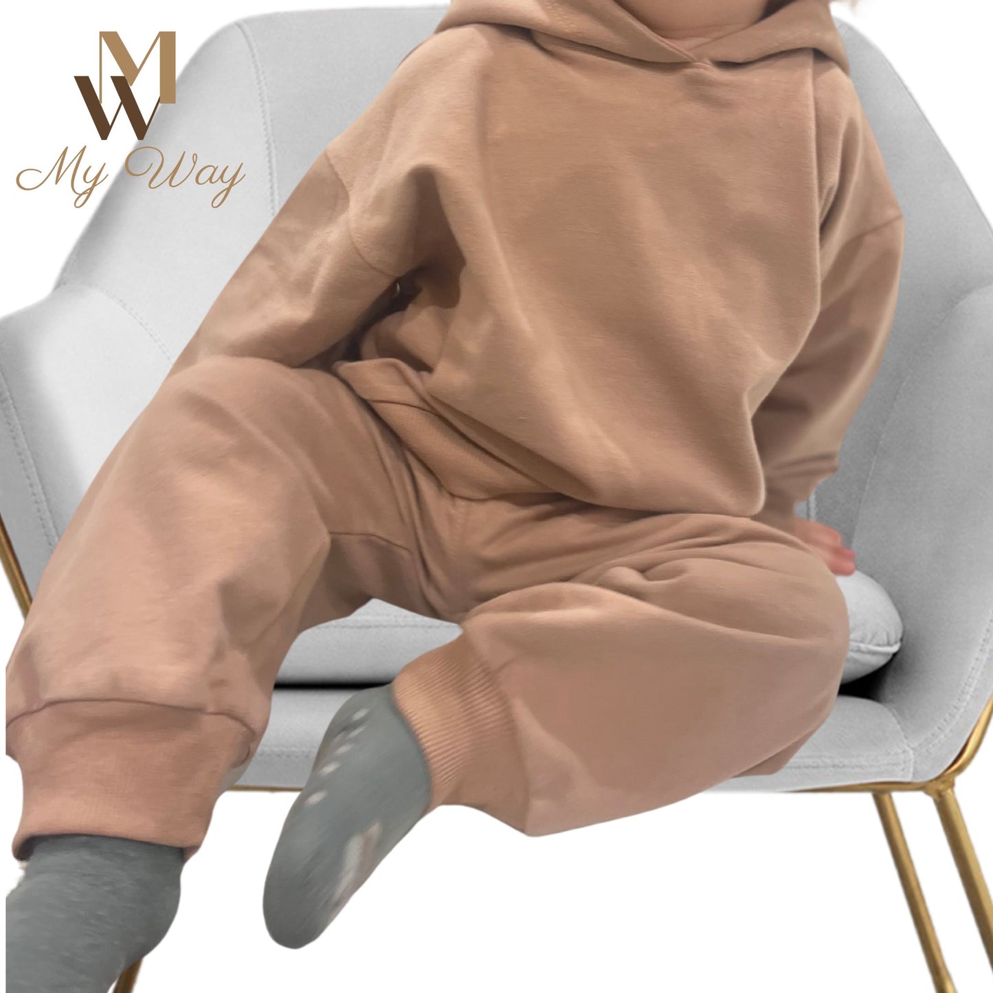 Kinder Unisex Jogginganzug in Farbe Cappuccino für Mädchen und Jungen Kleidung Set aus reiner Bio Baumwolle Langarm Oversized Kapuzenpullover und Hose Sportanzug