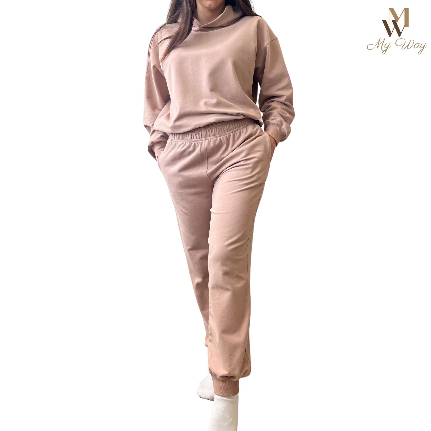Trainingsanzug Damen, Hoodie Damen und Sweathose in Cappuccino Farbe Handgemacht aus reiner Bio-Baumwolle für Damen in Weiss, Mint, Cappuccino, Lila, Schwarz