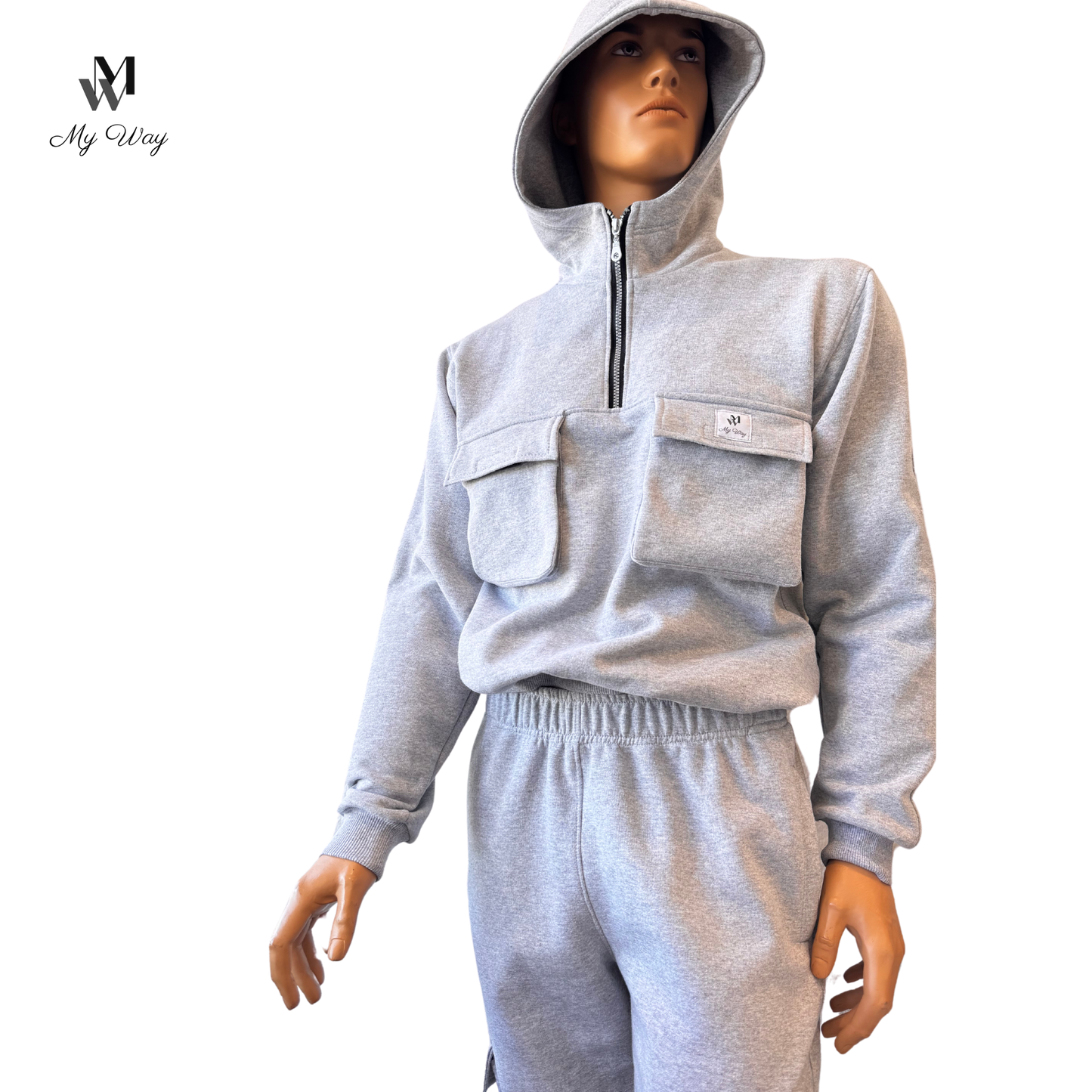 Herren Tracksuit aus Bio-Baumwolle mit Kapuzenpulli, Reißverschluss und vier Taschen, in Grau, Schwarz, Weiß, Royal Blau, Größen S bis XXXXL
