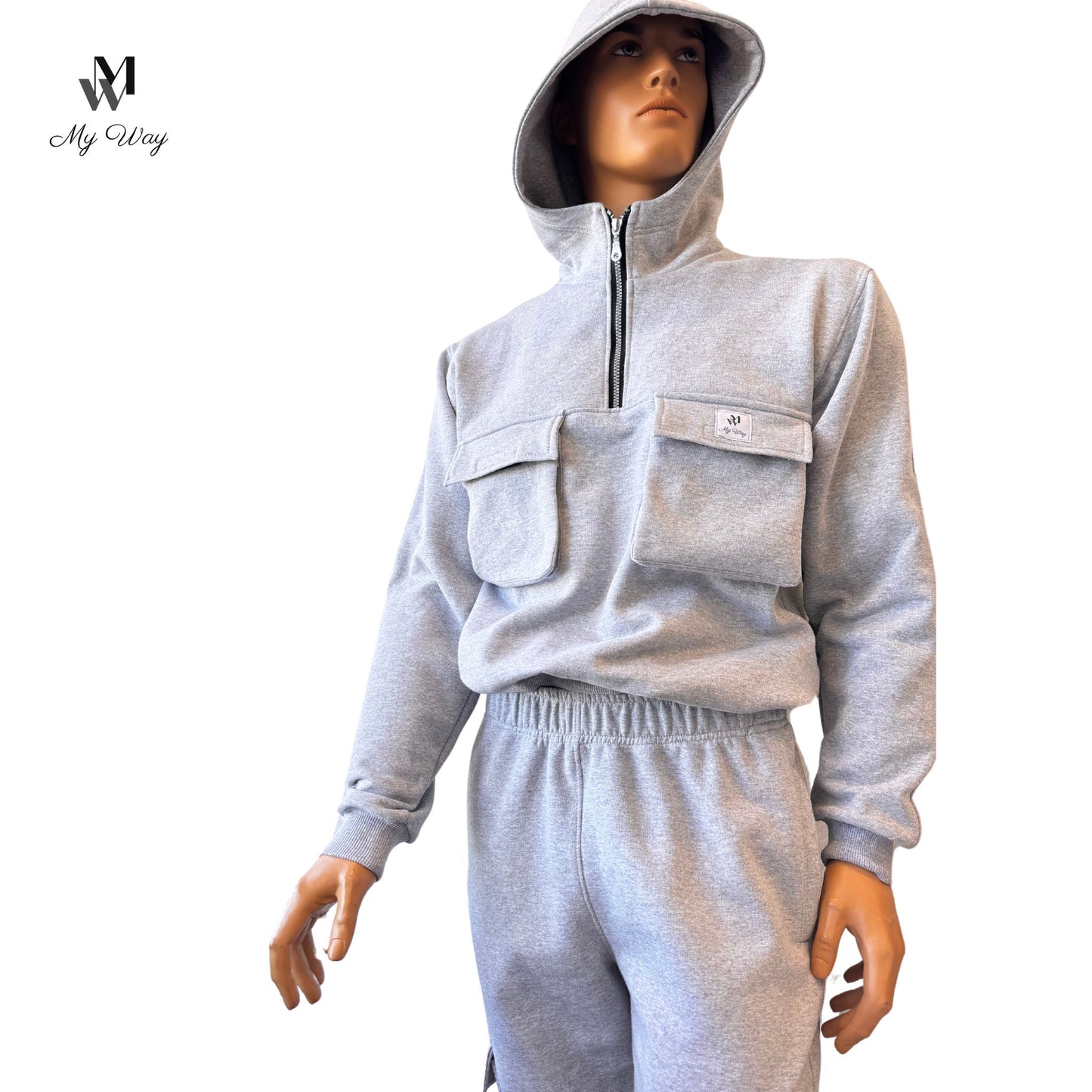 Herren Tracksuit aus Bio-Baumwolle mit Baumwolle Kapuzenpulli, Reißverschluss und vier Taschen, in Grau, Schwarz, Weiß, Royal Blau, Größen S bis XXXXL