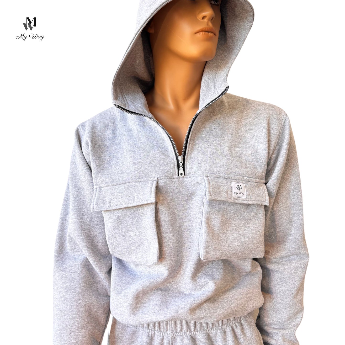 Herren Tracksuit aus Bio-Baumwolle mit Kapuzenpulli, Reißverschluss und vier Taschen, in Grau, Schwarz, Weiß, Royal Blau, Größen S bis XXXXL