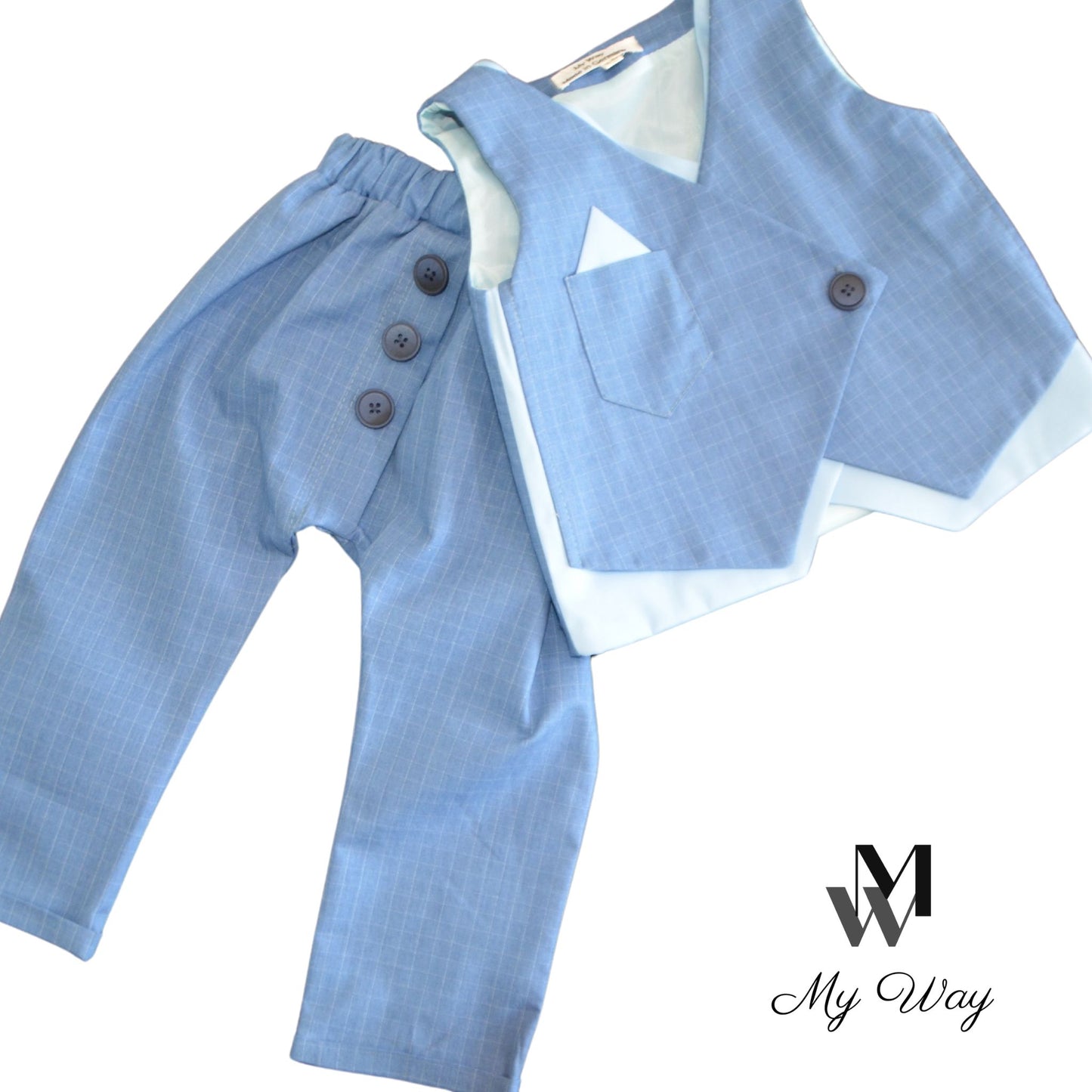 Hochwertige Kinderanzüge von My Way D&A Blau Kinder-Anzüge online kaufen Anzug für Jungen mit Weste- Blau zu günstigen Preisen