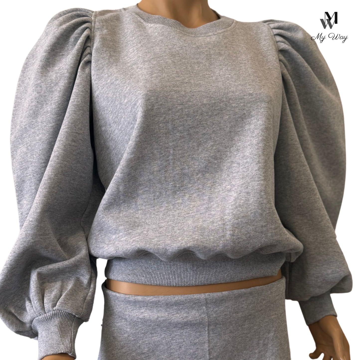 Ballon Ärmel Pullover Damen Puffärmeln Langarm Sweatshirt aus Bio-Baumwolle Grau 100% Baumwolle pulli damen Baumwoll Puff Ärmel Oberseite