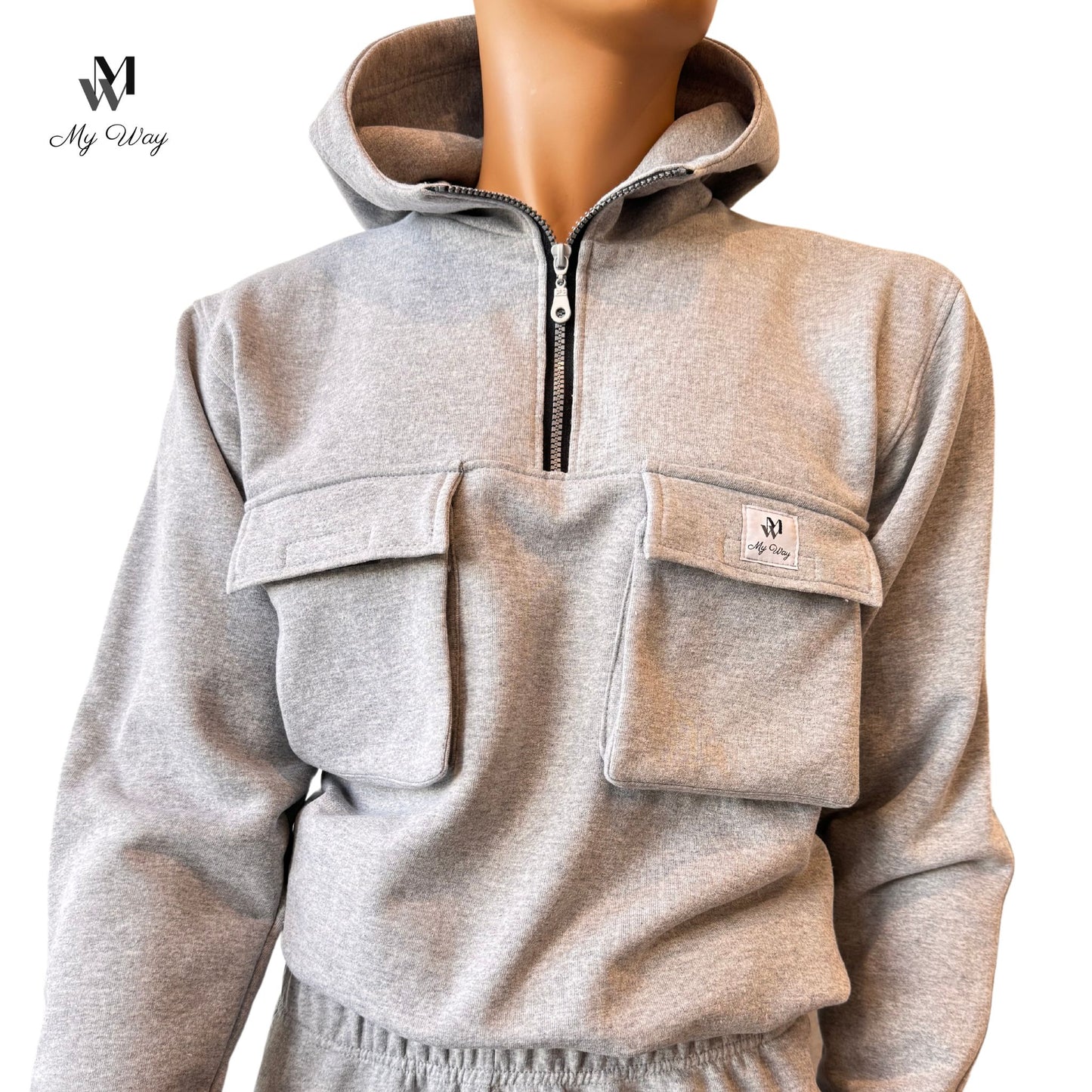 Herren Tracksuit aus Bio-Baumwolle mit Kapuzenpulli, Reißverschluss und vier Taschen, in Grau, Schwarz, Weiß, Royal Blau, Größen S bis XXXXL