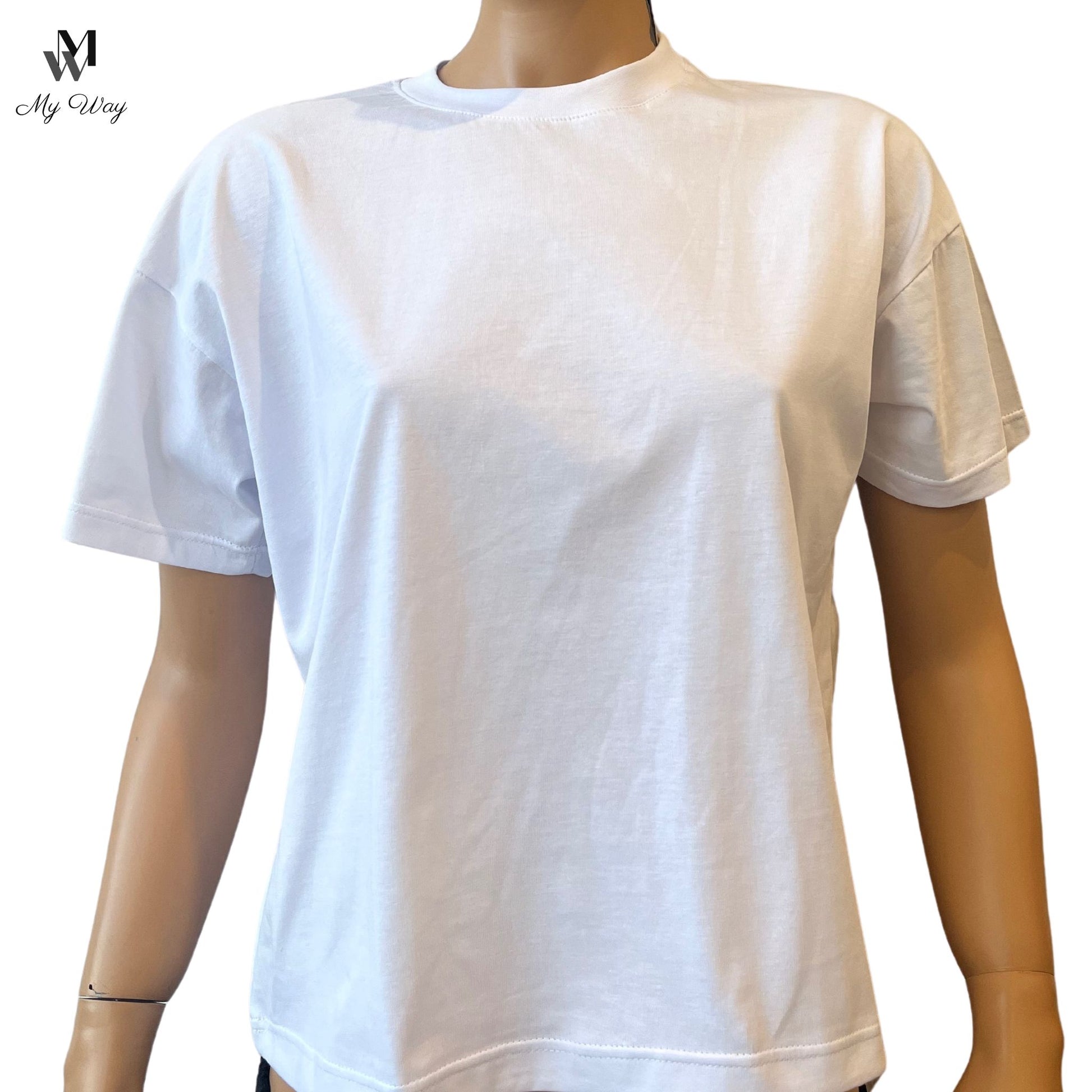 Handgefertigtes weißes Kurzarm-T-Shirt aus reiner Baumwolle für Damen