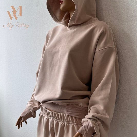 Tracksuit Woman in Beige Hoodie Damen und Sweathose Damen aus reiner Bio-Baumwolle Trainingsanzug für Damen