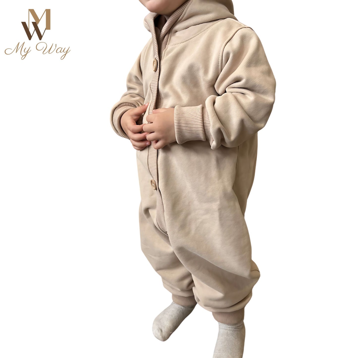 Handgefertigter Walkoverall in Beige für Babys und Kleinkinder