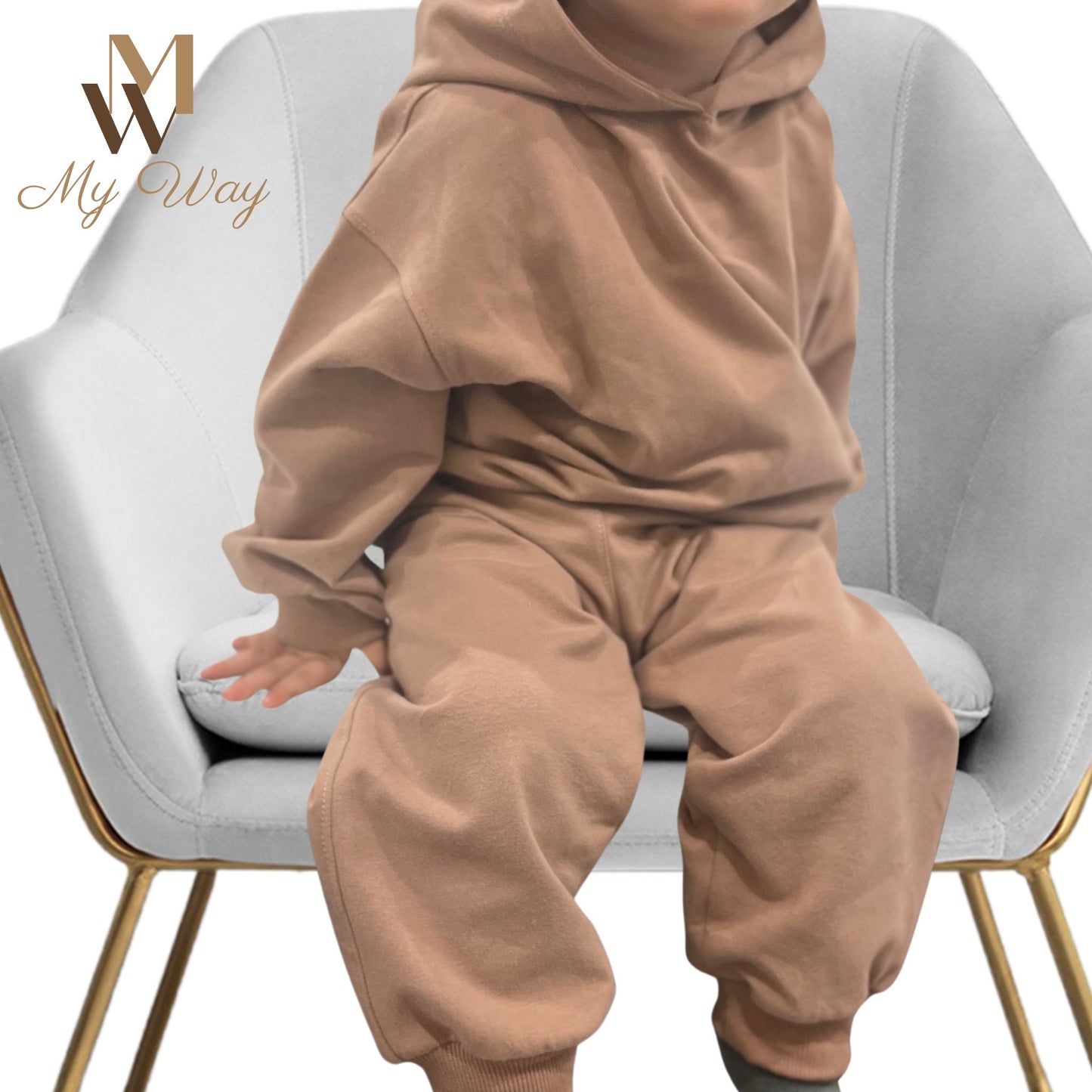 Kinder Unisex Jogginganzug in Farbe Cappuccino für Mädchen und Jungen Kleidung Set aus reiner Bio Baumwolle Langarm Oversized Kapuzenpullover und Hose Sportanzug