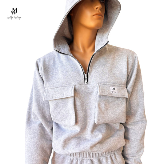 Handgemachter Herren Tracksuit aus Bio-Baumwolle mit Kapuzenpulli, Reißverschluss und vier Taschen, in Grau, Schwarz, Weiß, Royal Blau, Größen S bis XXXXL