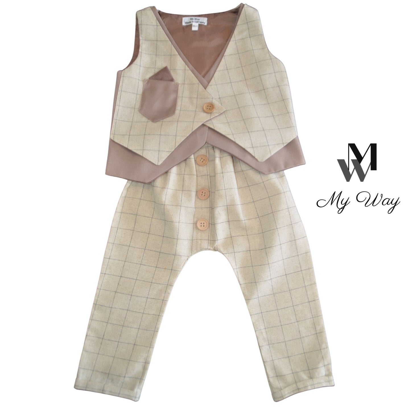 aus bio maumwolle Hochwertige Kinderanzüge von My Way D&A Beige Kinder-Anzüge online kaufen Anzug für Jungen mit Weste- Beige zu günstigen Preisen