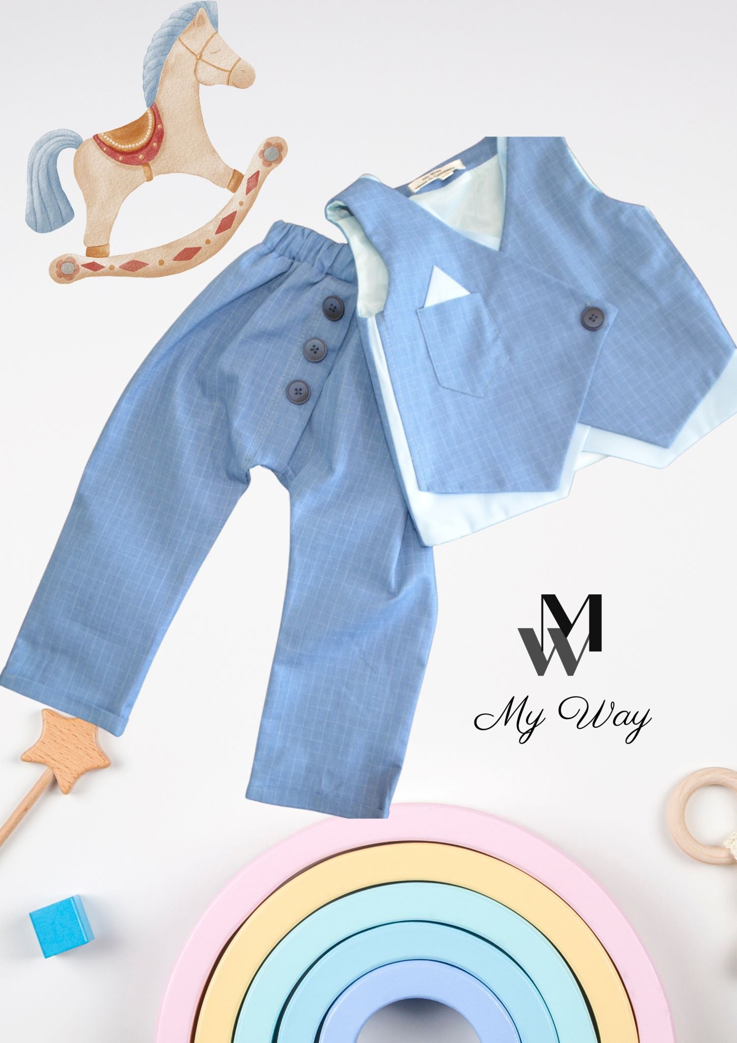 Hochwertige Kinderanzüge von My Way D&A Blau Kinder-Anzüge online kaufen Anzug für Jungen mit Weste- BLAU zu günstigen Preisen