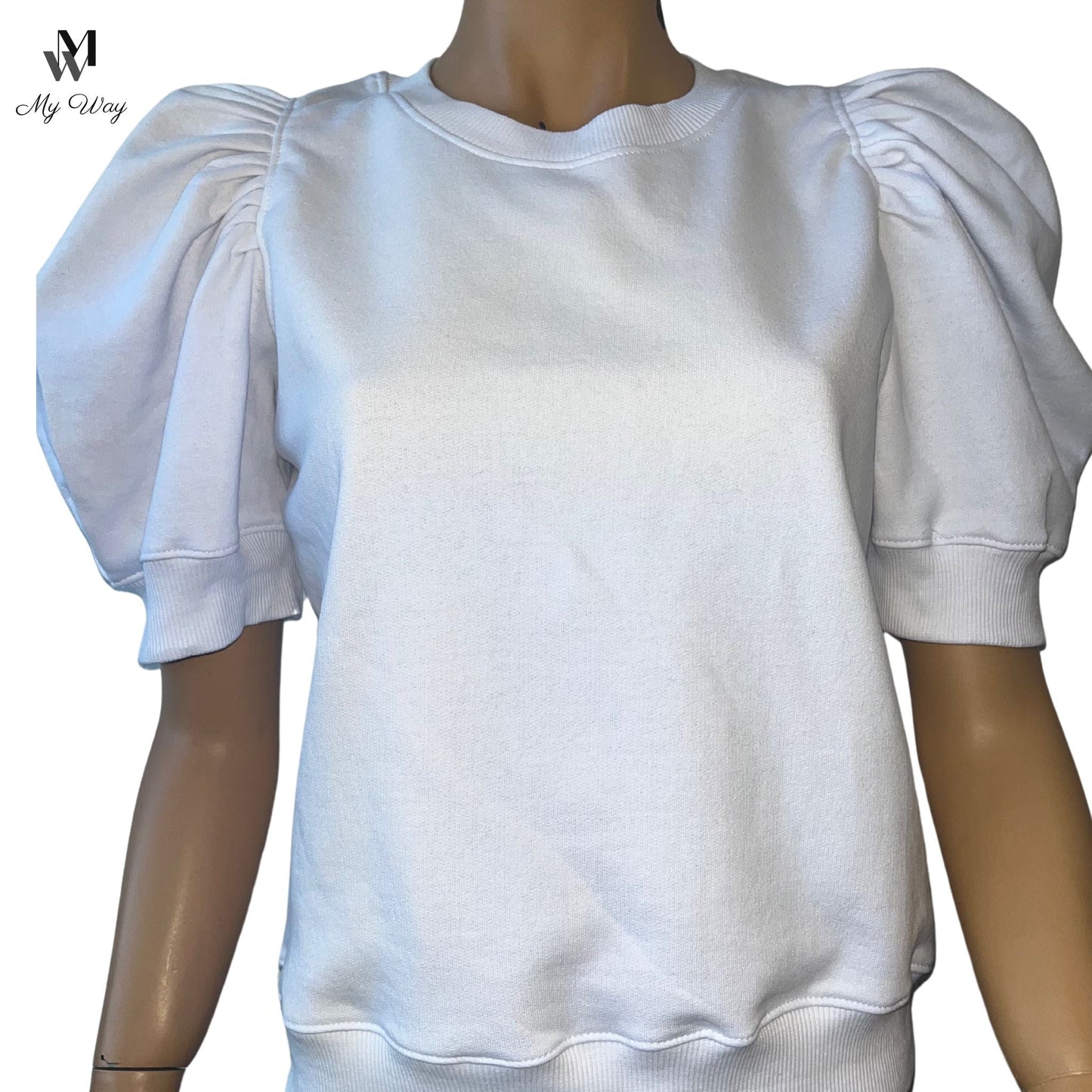Trendiges weißes Damen-Sweatshirt mit Rundhalsausschnitt, Puffärmel Damen-Sweatshirt aus umweltfreundlichen Materialien