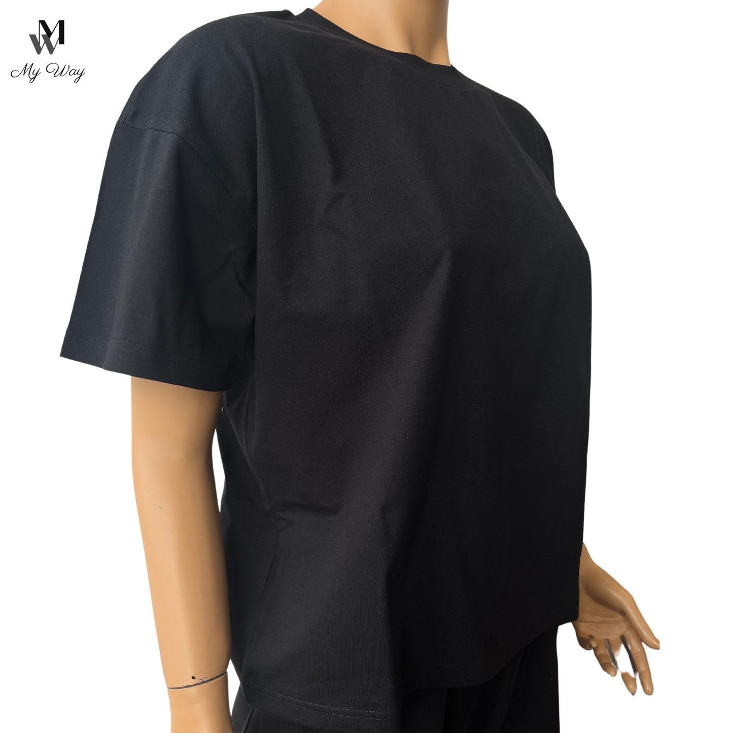 Schwarzes Relaxed Oversize Kurzarm Shirt aus reiner Baumwolle für Damen