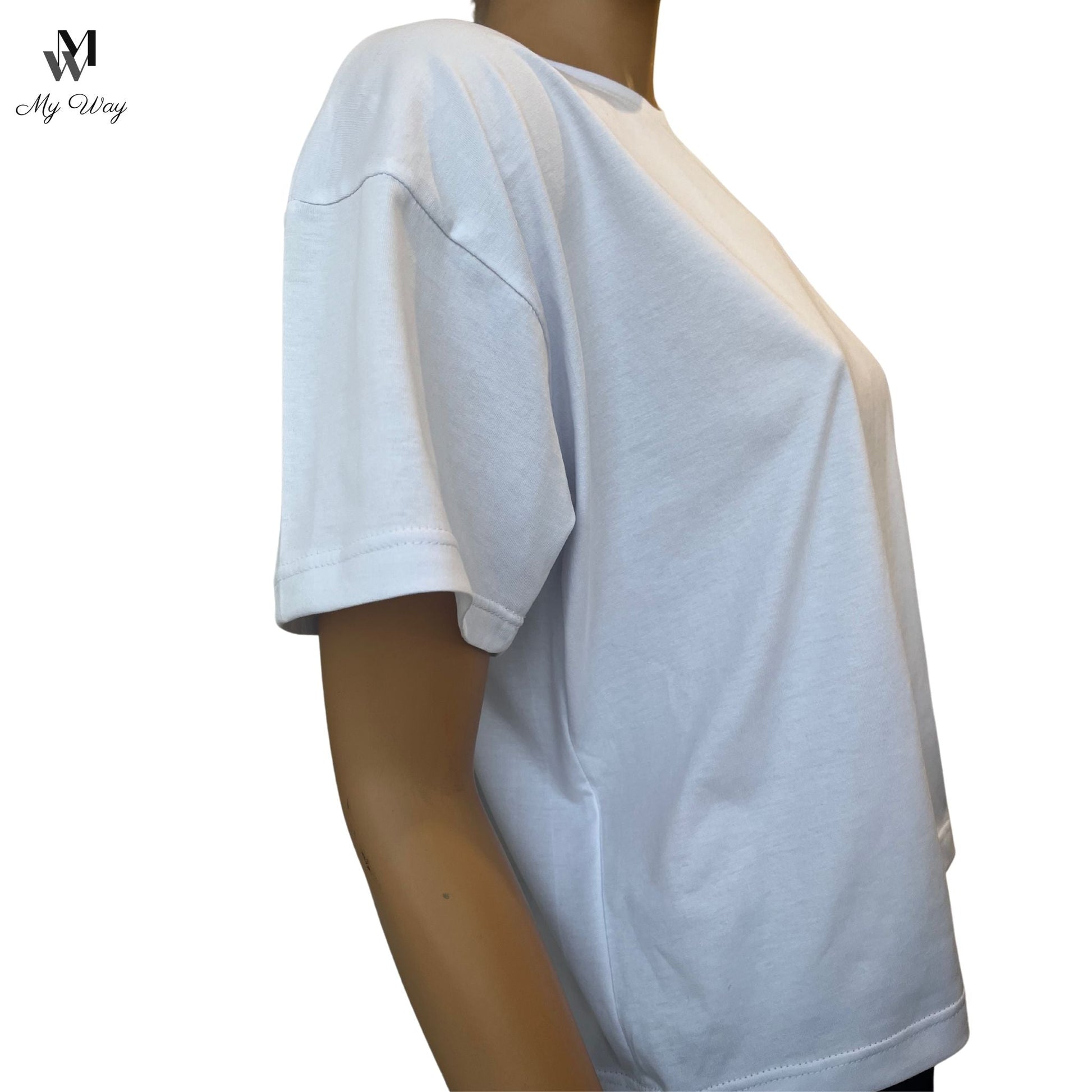 Handgefertigtes weißes Kurzarm-T-Shirt aus reiner Baumwolle für Damen
