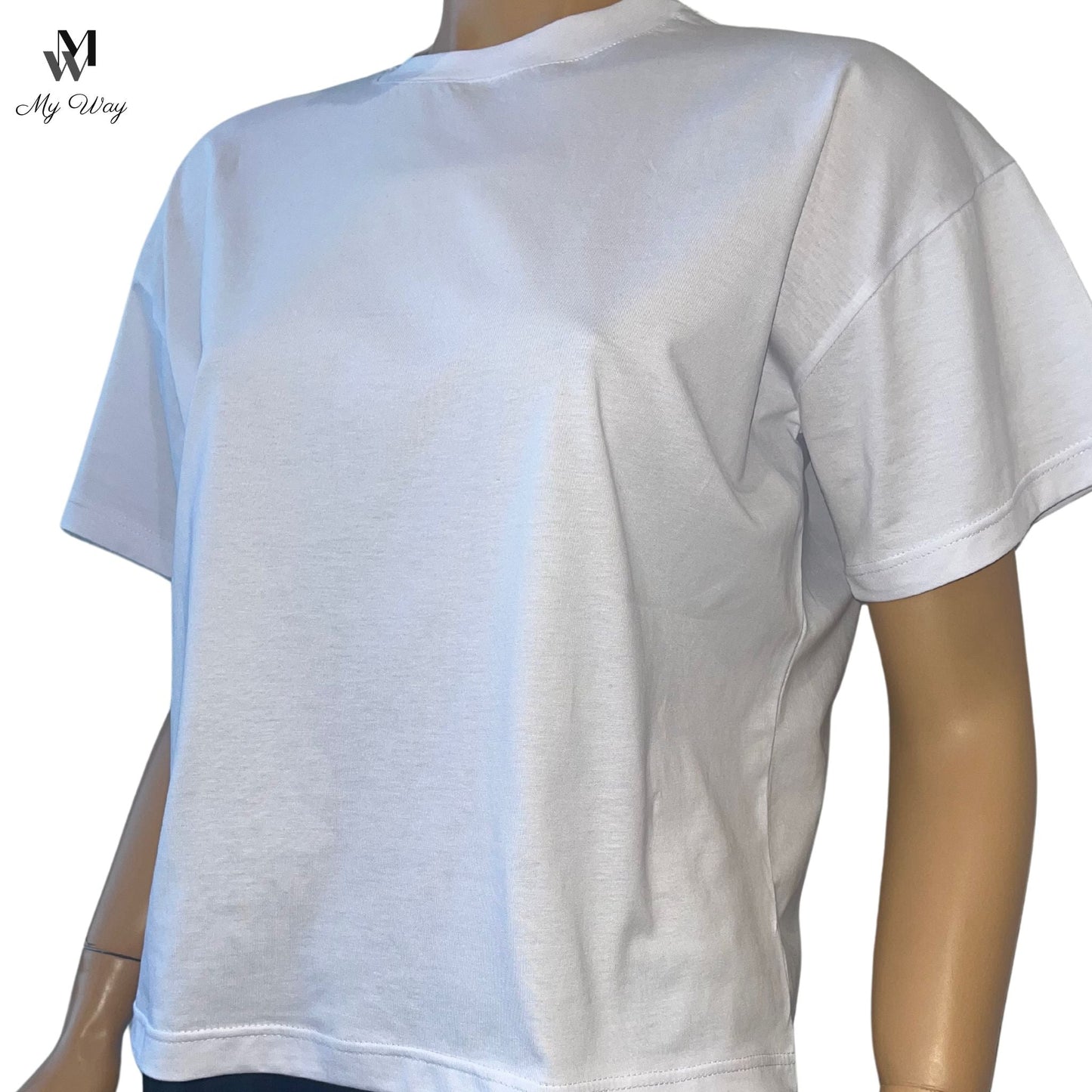 Handgefertigtes weißes Kurzarm-T-Shirt aus reiner Baumwolle für Damen